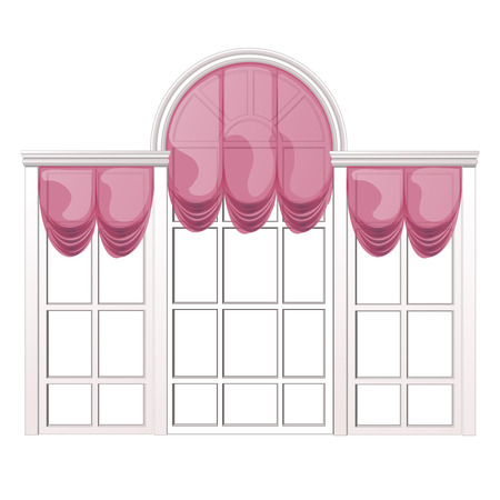 French window and pink curtain isolated on white background. Vector cartoon close-up illustration.のイラスト素材