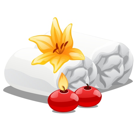 Two towels, burning candles and a Lily flower. Accessories for spa treatment isolated on white background. Vector cartoon close-up illustration.のイラスト素材