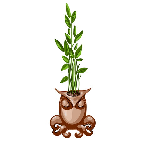 Office plant in a ceramic pot in the shape of an owl with tentacles of octopus isolated on white background. Ideas for interior design. Vector illustrationのイラスト素材