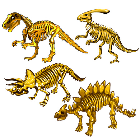 Set of dinosaur skeletons made of gold. Souvenirs in the form of remains of prehistoric animals isolated on a white background. Vector illustration.のイラスト素材