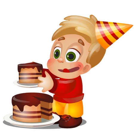 A little happy animated boy eating a piece of cake on birthday isolated on white background. Vector cartoon close-up illustrationのイラスト素材