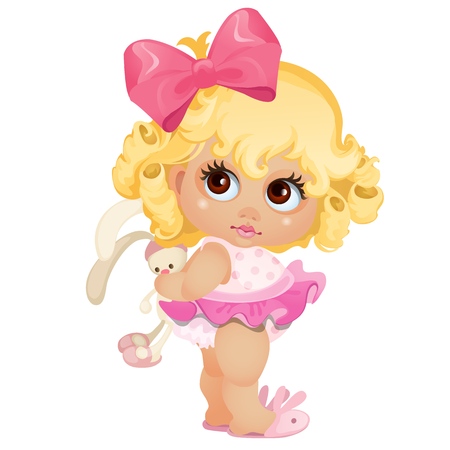 A little animated girl holding a soft toy plush hare isolated on white background. Vector cartoon close-up illustrationのイラスト素材