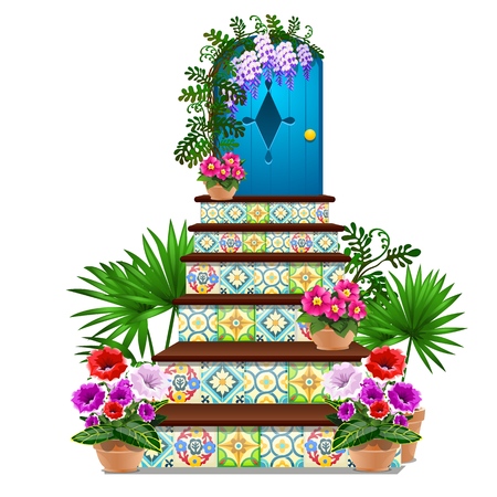 Decor in the form of a blue wooden door and steps tiled with multi-colored ornaments, fresh flowers in pots isolated on white background. Vector cartoon close-up illustrationのイラスト素材
