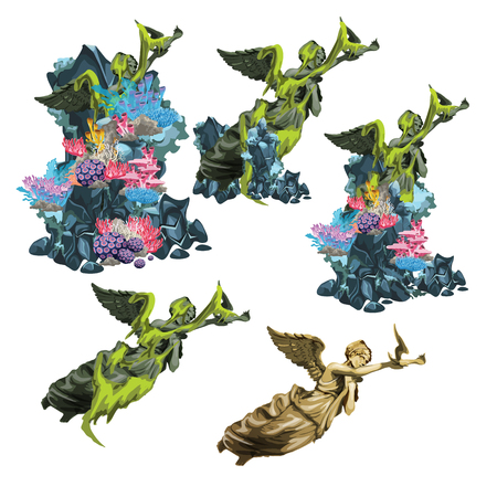 The sunken statue of the Greek goddess overgrown coral polyps. Stage of growth and formation of coral reefs isolated on white background. Vector illustration.のイラスト素材