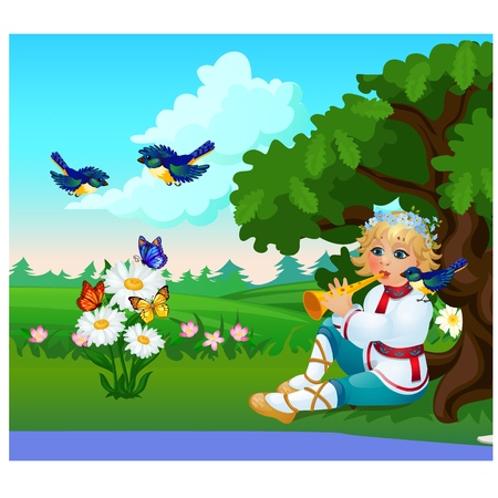 Cute poster with a boy in a traditional Russian costume playing the flute in a forest glade. Vector cartoon close-up illustrationのイラスト素材