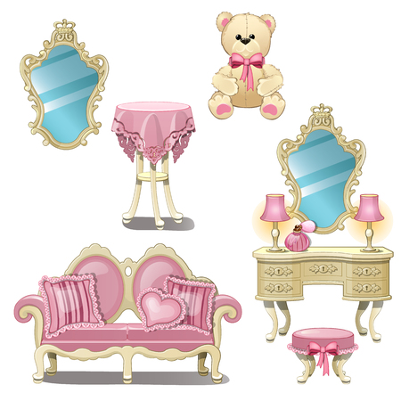 Furniture for interior girl room in pink color isolated on white background. Vector cartoon close-up illustrationのイラスト素材
