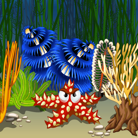 Cartoon starfish red with prickly thorns on the seabed among corals and algae. Vector cartoon close-up illustrationのイラスト素材