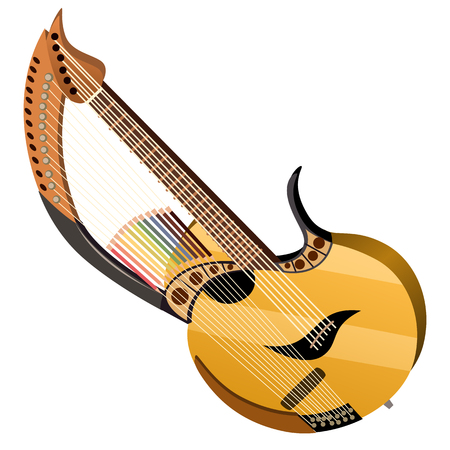 Harp Guitar isolated on white background. Vector cartoon close-up illustrationのイラスト素材