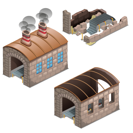 The abandoned ruins of old looted factory isolated on white background. The set of stage of process of bankruptcy and ruin of the enterprise. Cartoon vector close-up illustration.のイラスト素材