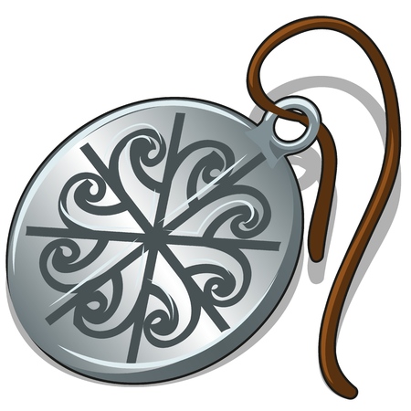 Ancient silver pendant with slavic symbol isolated on white background. Vector cartoon close-up illustrationのイラスト素材