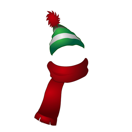 Set of cartoon striped winter cap with pompon and scarf nobody isolated on white background. Vector closeup illustrationのイラスト素材