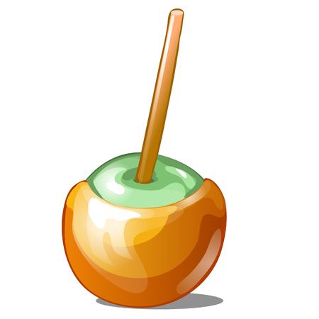 Single candy apple dipped in caramel with stick isolated on white background. Handmade sweetness is toffee apple. Vector illustrationのイラスト素材