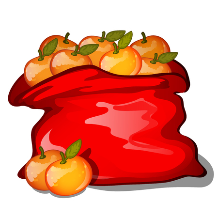 Red bag filled with ripe tangerines isolated on white background. Vector cartoon close-up illustrationのイラスト素材