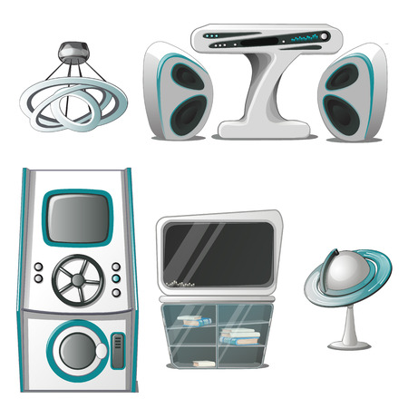 A set of interior and electronic equipment in the High-Tech style isolated on white background. Interior design in futuristic style. Vector illustrationのイラスト素材