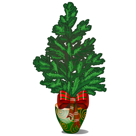 Cartoon office fir tree growing in ceramic pot in vintage style isolated on white background. Miniature potted spruce with ribbon bow in style of New year and Christmas for home and office. Vector.のイラスト素材