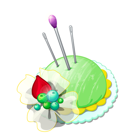 Beautiful pincushion with needles and pins isolated on white background. Set sewing studio or tailoring atelier. Vector cartoon needle cushion close-up illustrationのイラスト素材