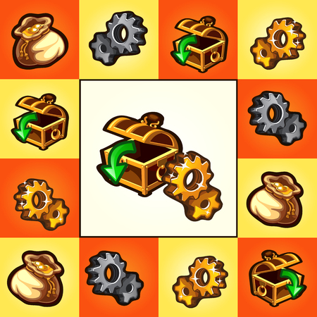 Funny poster or card with treasure chests and gold gears isolated on multicolored background. Vector cartoon close-up illustrationのイラスト素材