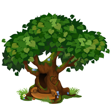 Cozy forest hut in the old tree isolated on white background. The fabulous tree in the Park. Landscaping and wildlife. Vector cartoon close-up illustrationのイラスト素材