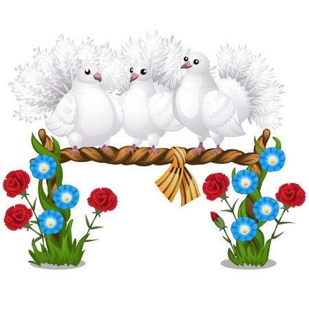 Sketch of a poster with several beautiful white doves sitting on a wicker perch and flowers isolated on white background. Vector cartoon close-up illustration.のイラスト素材