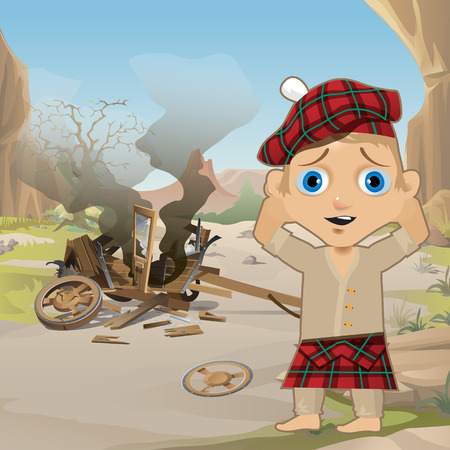 Cute Poster in Wild West Style. Young Man in Traditional Scottish Red Tartan Bonnet, Tam o Shanter, stands, holding his head, next to the collapsed wooden cart. Western style. Vector cartoon close-upのイラスト素材