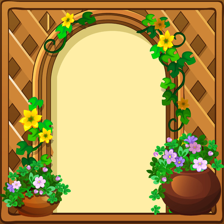 Beautiful cute greeting card with frame and space for your text, picture or photo, in the form of a woven wooden frame decorated with fresh flowers. Vector cartoon close-up illustration.のイラスト素材
