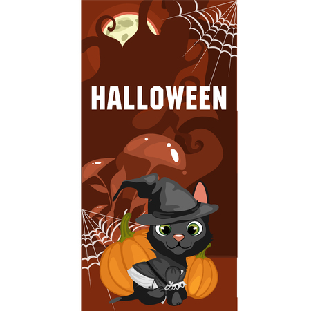 Poster in style of holiday all evil Halloween. A little black kitten in witch hat at midnight by the light of the moon. Vector cartoon close-up illustrationのイラスト素材