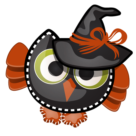 Funny witch owl with contours in the form of strokes and dotted lines isolated on white background. Idea for a sticker or sew-on patches in the style of Halloween. Vector cartoon closeup illustrationのイラスト素材