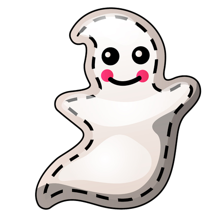 Funny flying Ghost with contours in the form of strokes and dotted lines isolated on white background. Idea for a sticker or sew-on patches in style of Halloween. Vector cartoon closeup illustrationのイラスト素材