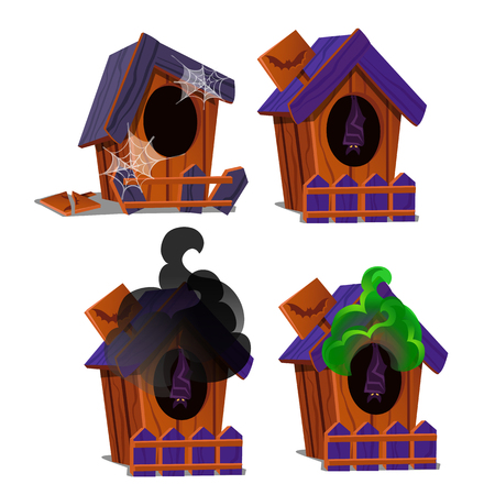 Set of wooden birdhouses with a bat inside and poisonous smoke isolated on white background. Sketch for a poster or card for holiday of all evil spirits Halloween. Vector cartoon closeup illustrationのイラスト素材