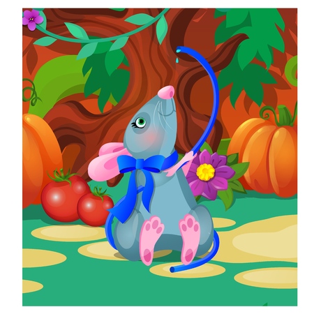 Gray animated mouse drinks water from a blue hose. Vector cartoon close-up illustrationのイラスト素材