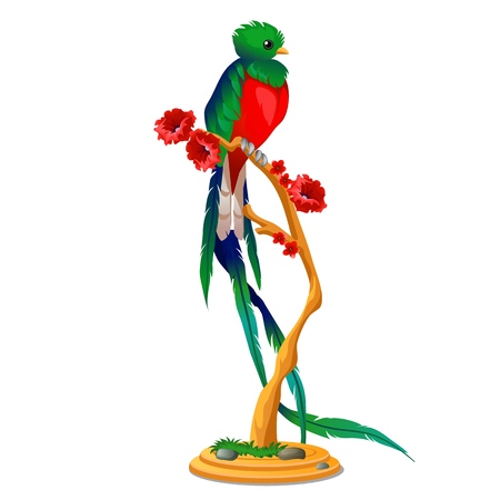 Beautiful bird of paradise sitting on a wooden perch with flowers isolated on white background. Vector cartoon close-up illustrationのイラスト素材