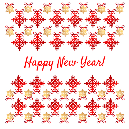Sample of the Christmas poster with red snowflakes and gold stars, party invitation, wrapping paper and other cards. Vector illustration.のイラスト素材