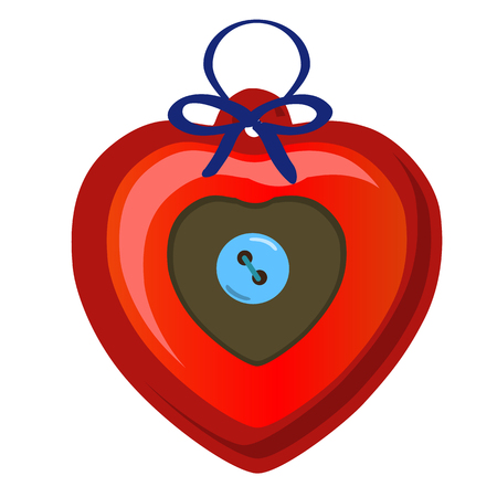 Christmas toy in the form of a red heart with blue button isolated on white background. Vector illustrationのイラスト素材