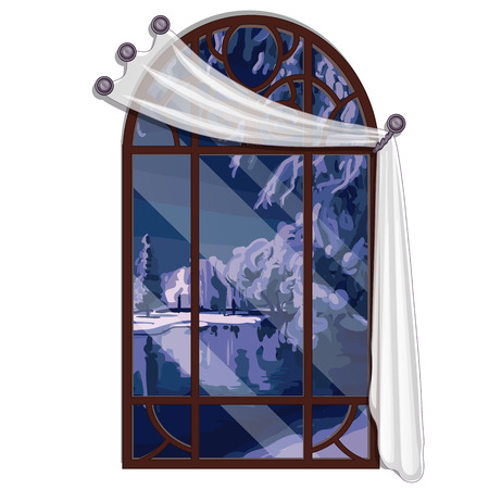 The window overlooking the forest river in winter evening isolated on white background. Interior design luxury country house. Vector illustrationのイラスト素材