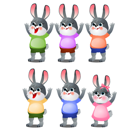 A set of animated happy little bunnies in clothes isolated on white background. Vector cartoon close-up illustrationのイラスト素材