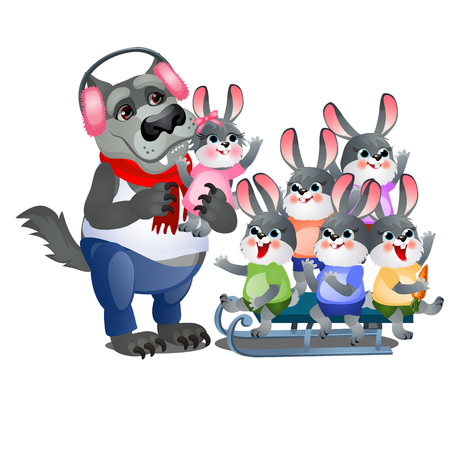 A set of animated happy little bunnies in clothes playing with wolf in pink headphones and sledding isolated on white background. Vector cartoon close-up illustrationのイラスト素材