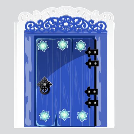 Entrance blue wooden door with patterns snowflake isolated on gray background. Idea festive interior. Attributes of New year and Christmas. Vector cartoon close-up illustrationのイラスト素材