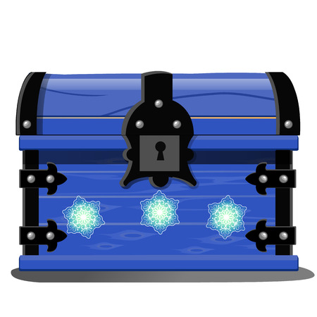 Vintage wooden chest with wrought metal hinges and patterns in the form of snowflakes isolated on white background. Vector cartoon close-up illustrationのイラスト素材