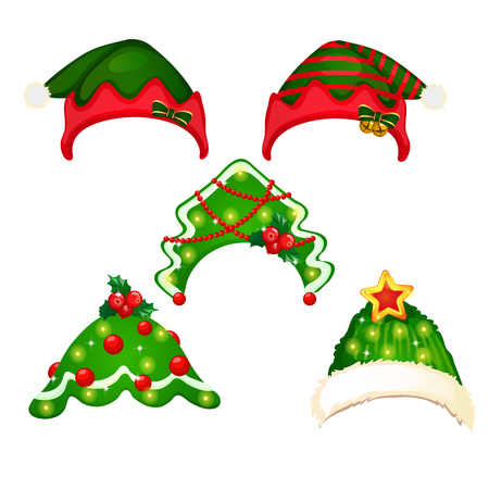 A set of hat and headbands in the style of Christmas and New year isolated on white background. Vector cartoon close-up illustrationのイラスト素材