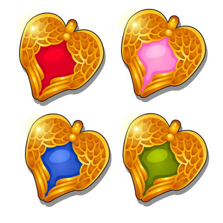 Set of gold pendants in the shape of a heart with textured angel wings isolated on a white background. Vector cartoon close-up illustrationのイラスト素材