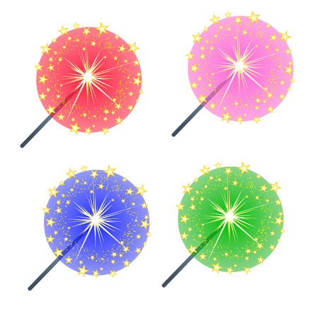 Set of colored burning sparklers isolated on white background. Sketch for greeting card, party invitation, festive poster, other cards. Vector cartoon close-up illustrationのイラスト素材