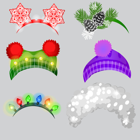 A set of hat and headbands in the style of Christmas and New year isolated on grey background. Vector cartoon close-up illustrationのイラスト素材