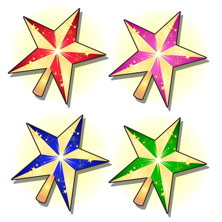Set of gold sparkling stars painted in different colors isolated on white background. Sketch for greeting card, party invitation, festive poster, other cards. Vector cartoon close-up illustrationのイラスト素材