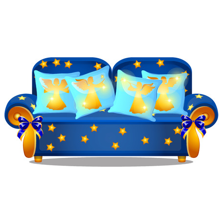 Blue sofa with gold armrests and an ornament in the form of yellow stars isolated on a white background. Set of pillows with image of angels silhouettes. Vector cartoon close-up illustrationのイラスト素材