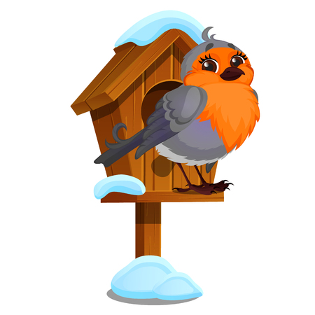 Cute bird sits in a wooden birdhouse isolated on a white background. Winter houses are created for wildlife. Vector cartoon close-up illustrationのイラスト素材