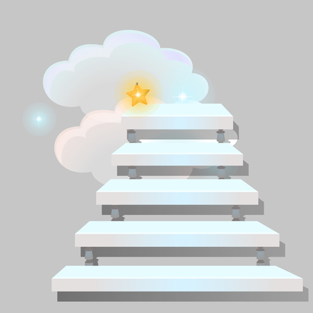 White stair leading into the clouds isolated on grey background. Sketch for greeting card, festive poster or party invitations. The way to get a star. Vector cartoon close-up illustrationのイラスト素材