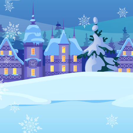 Sketch for Christmas poster with cozy small houses in old town or village. Template for greeting card or party invitation. Snowy winter landscape. Festive mood. Vector cartoon close-up illustrationのイラスト素材