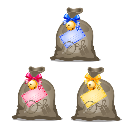 A set of canvas bags with gifts and letters isolated on a white background. Sketch of Christmas festive poster, party invitation, other holiday card. Vector cartoon close-up illustrationのイラスト素材