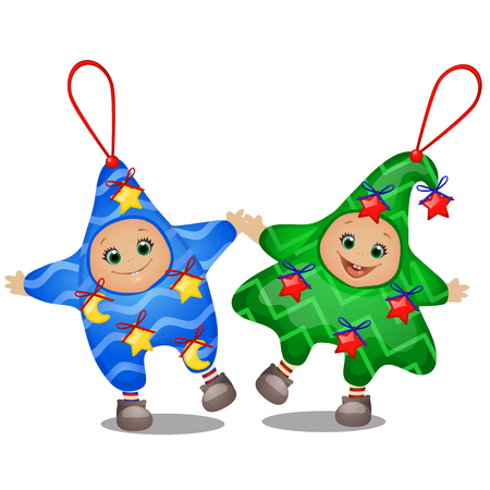 Set of funny Christmas costumes for boys and girls kindergarten isolated on a white background. Sketch of Christmas festive poster, party invitation, other holiday card. Vector cartoon close-upのイラスト素材
