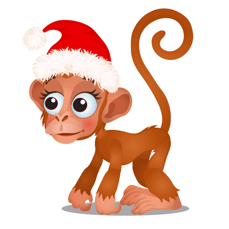 Cute monkey in a red cap of Santa Claus isolated on a white background. Sketch of Christmas festive poster, party invitation, other holiday card. Vector cartoon close-up illustrationのイラスト素材